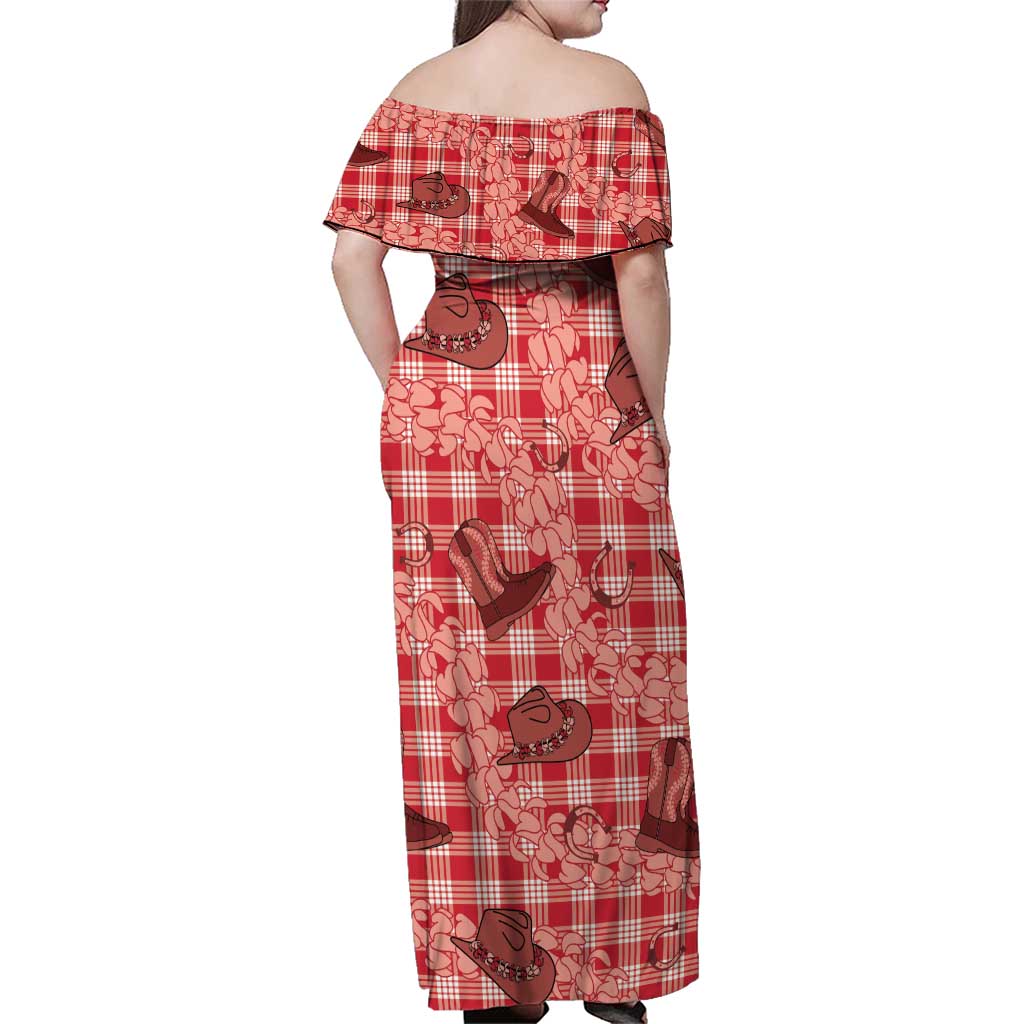 Red Palaka Hawaii Cowboy Family Matching Off Shoulder Maxi Dress and Hawaiian Shirt Puakenikeni Lei Paniolo Papale Seamless Vibes LT14 - Polynesian Pride