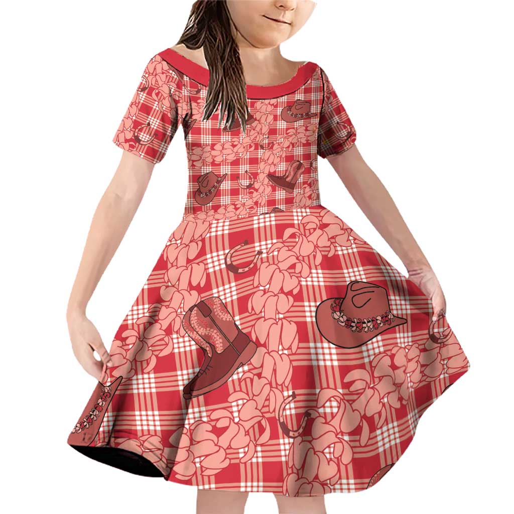 Red Palaka Hawaii Cowboy Family Matching Off Shoulder Short Dress and Hawaiian Shirt Puakenikeni Lei Paniolo Papale Seamless Vibes LT14 Daughter's Dress Red - Polynesian Pride