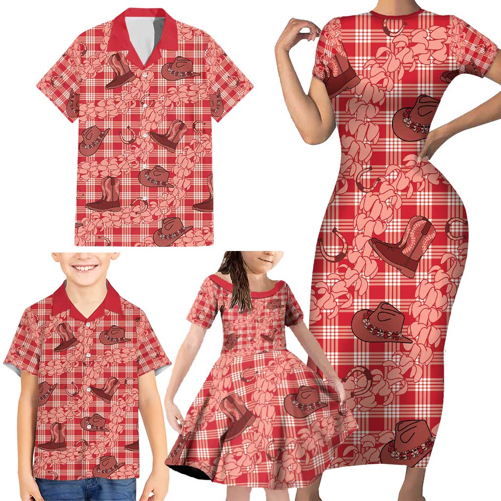 Red Palaka Hawaii Cowboy Family Matching Short Sleeve Bodycon Dress and Hawaiian Shirt Puakenikeni Lei Paniolo Papale Seamless Vibes - Polynesian Pride