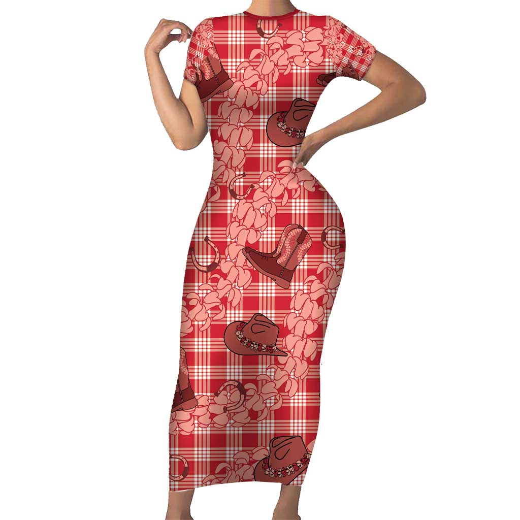 Red Palaka Hawaii Cowboy Family Matching Short Sleeve Bodycon Dress and Hawaiian Shirt Puakenikeni Lei Paniolo Papale Seamless Vibes LT14 Mom's Dress Red - Polynesian Pride