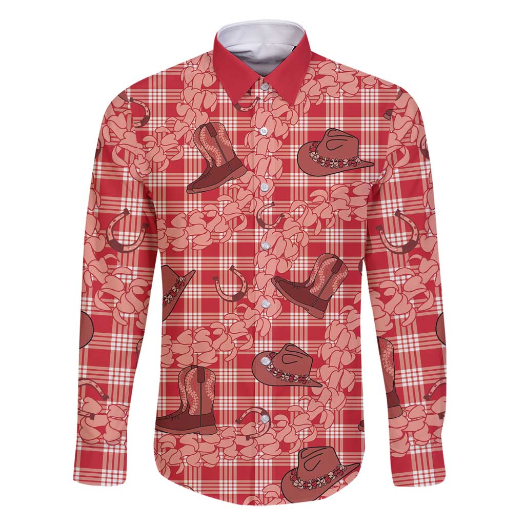 Red Palaka Hawaii Cowboy Family Matching Summer Maxi Dress and Hawaiian Shirt Puakenikeni Lei Paniolo Papale Seamless Vibes LT14 Dad's Shirt - Long Sleeve Red - Polynesian Pride