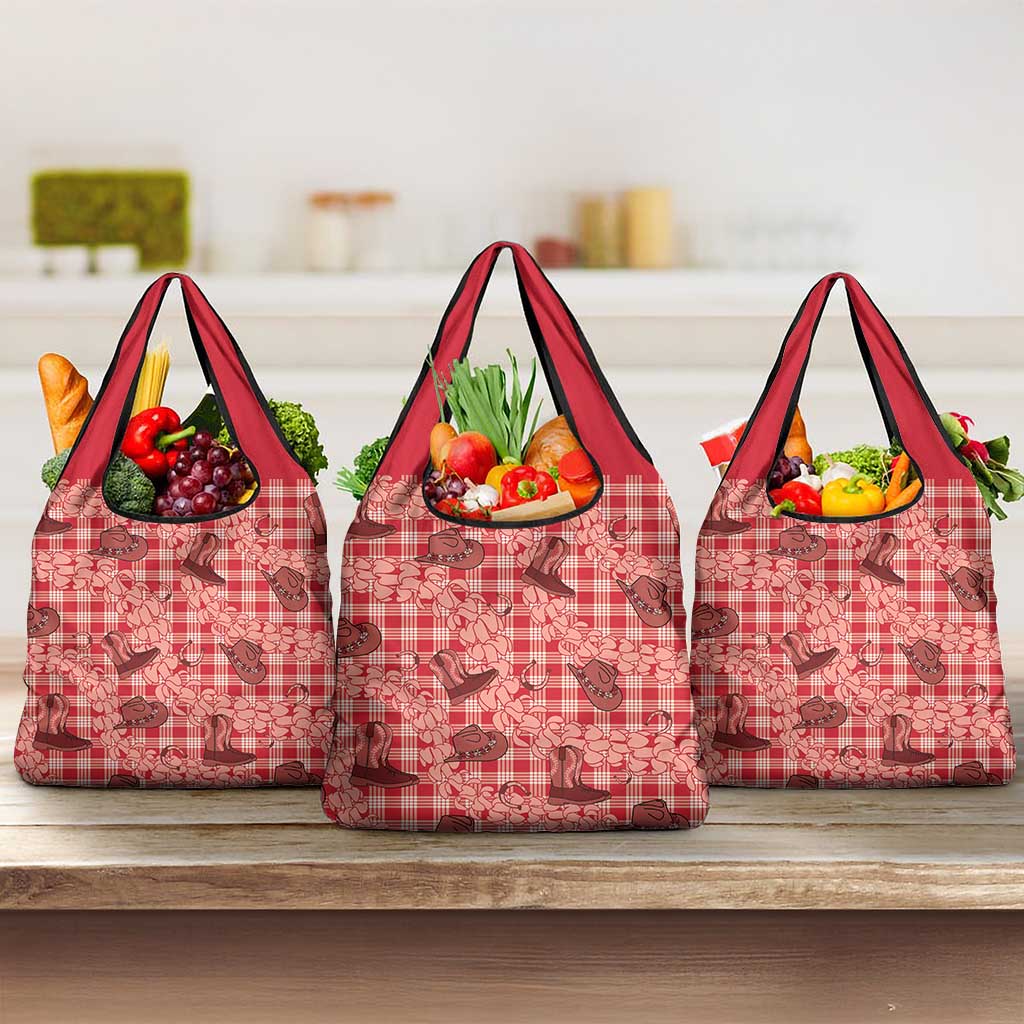 Red Palaka Hawaii Cowboy Grocery Bag Puakenikeni Lei Paniolo Papale Seamless Vibes - Polynesian Pride