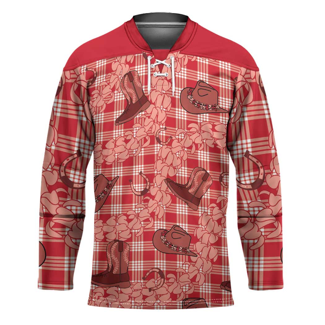 Red Palaka Hawaii Cowboy Hockey Jersey Puakenikeni Lei Paniolo Papale Seamless Vibes - Polynesian Pride