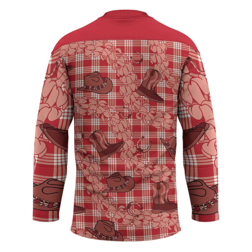 Red Palaka Hawaii Cowboy Hockey Jersey Puakenikeni Lei Paniolo Papale Seamless Vibes - Polynesian Pride