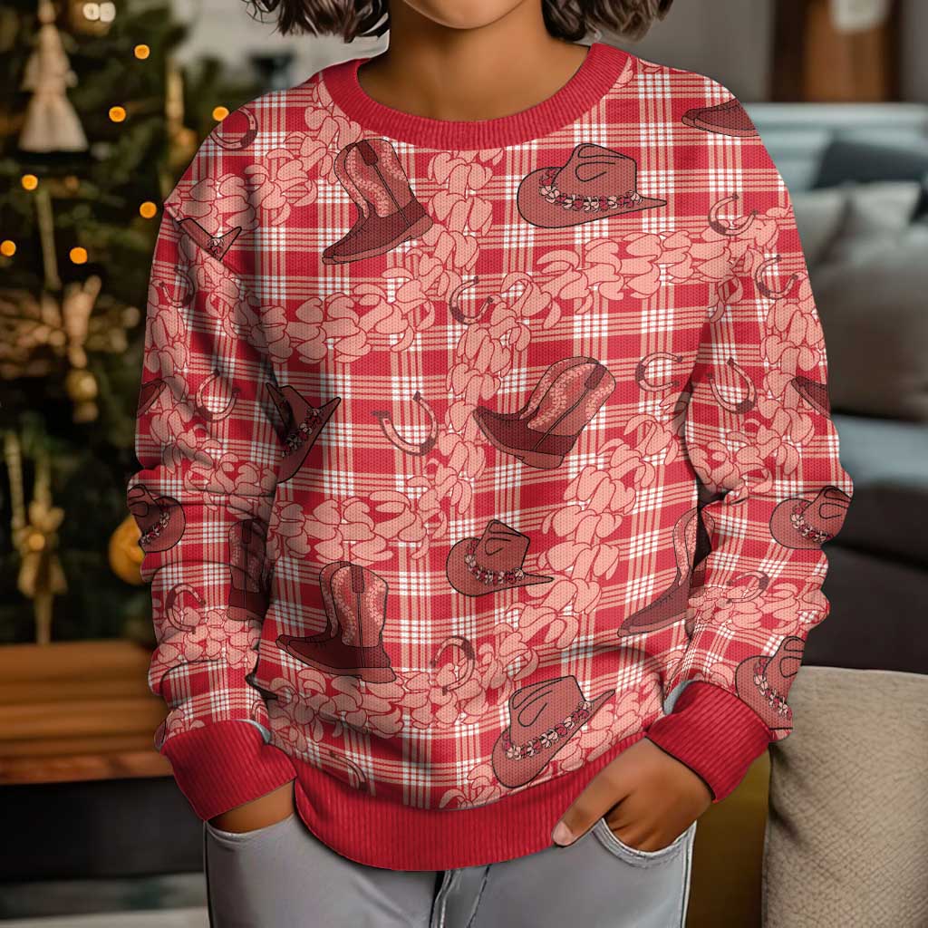 Red Palaka Hawaii Cowboy Kid Ugly Christmas Sweater Puakenikeni Lei Paniolo Papale Seamless Vibes - Polynesian Pride