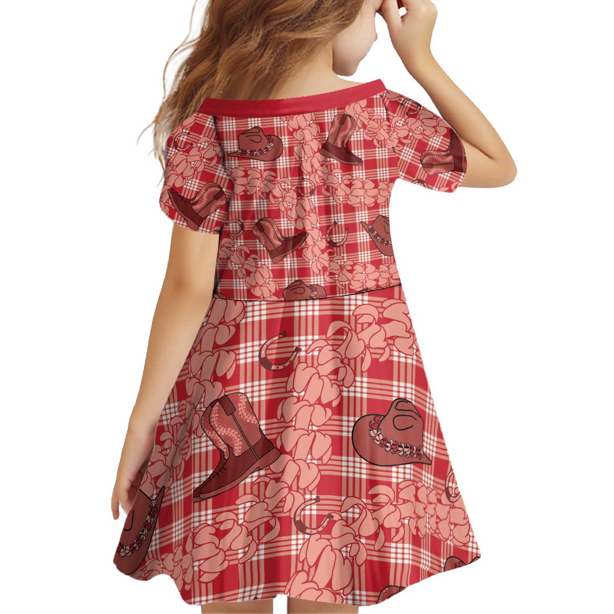 Red Palaka Hawaii Cowboy Kid Short Sleeve Dress Puakenikeni Lei Paniolo Papale Seamless Vibes LT14 - Polynesian Pride