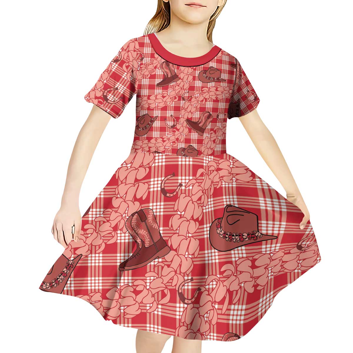 Red Palaka Hawaii Cowboy Kid Short Sleeve Dress Puakenikeni Lei Paniolo Papale Seamless Vibes LT14 - Polynesian Pride
