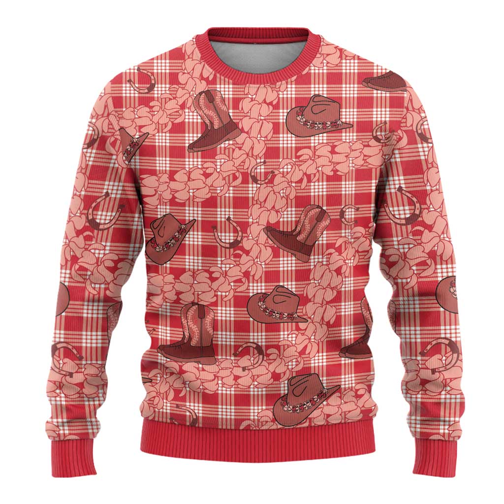 Red Palaka Hawaii Cowboy Ugly Christmas Sweater Puakenikeni Lei Paniolo Papale Seamless Vibes - Polynesian Pride