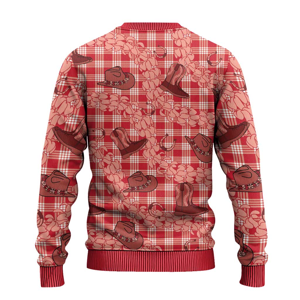Red Palaka Hawaii Cowboy Ugly Christmas Sweater Puakenikeni Lei Paniolo Papale Seamless Vibes - Polynesian Pride