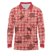 Red Palaka Hawaii Cowboy Long Sleeve Polo Shirt Puakenikeni Lei Paniolo Papale Seamless Vibes - Polynesian Pride