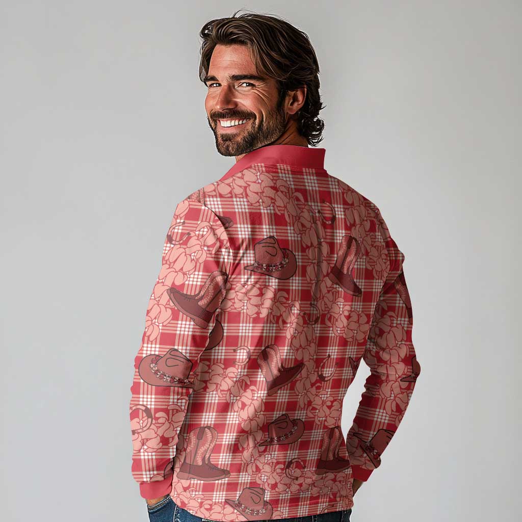 Red Palaka Hawaii Cowboy Long Sleeve Polo Shirt Puakenikeni Lei Paniolo Papale Seamless Vibes - Polynesian Pride
