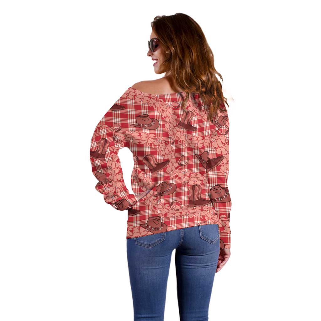 Red Palaka Hawaii Cowboy Off Shoulder Sweater Puakenikeni Lei Paniolo Papale Seamless Vibes - Polynesian Pride