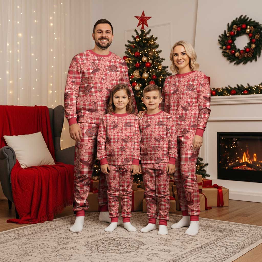 Red Palaka Hawaii Cowboy Christmas Pajama Set Puakenikeni Lei Paniolo Papale Seamless Vibes - Polynesian Pride