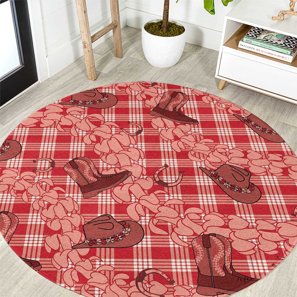 Red Palaka Hawaii Cowboy Round Carpet Puakenikeni Lei Paniolo Papale Seamless Vibes - Polynesian Pride