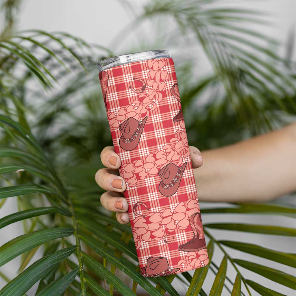 Red Palaka Hawaii Cowboy Skinny Tumbler Puakenikeni Lei Paniolo Papale Seamless Vibes - Polynesian Pride