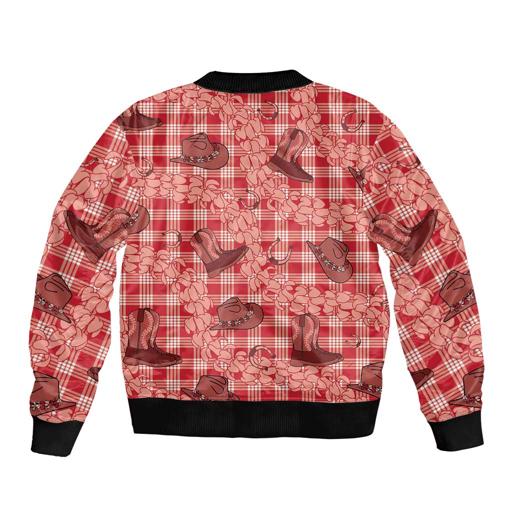 Red Palaka Hawaii Cowboy Sleeve Zip Bomber Jacket Puakenikeni Lei Paniolo Papale Seamless Vibes - Polynesian Pride