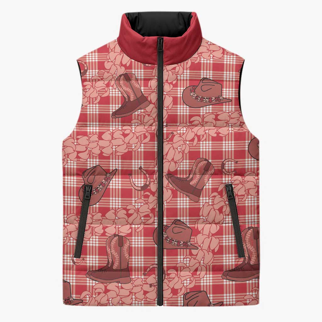 Red Palaka Hawaii Cowboy Sleeveless Puffer Jacket Puakenikeni Lei Paniolo Papale Seamless Vibes - Polynesian Pride