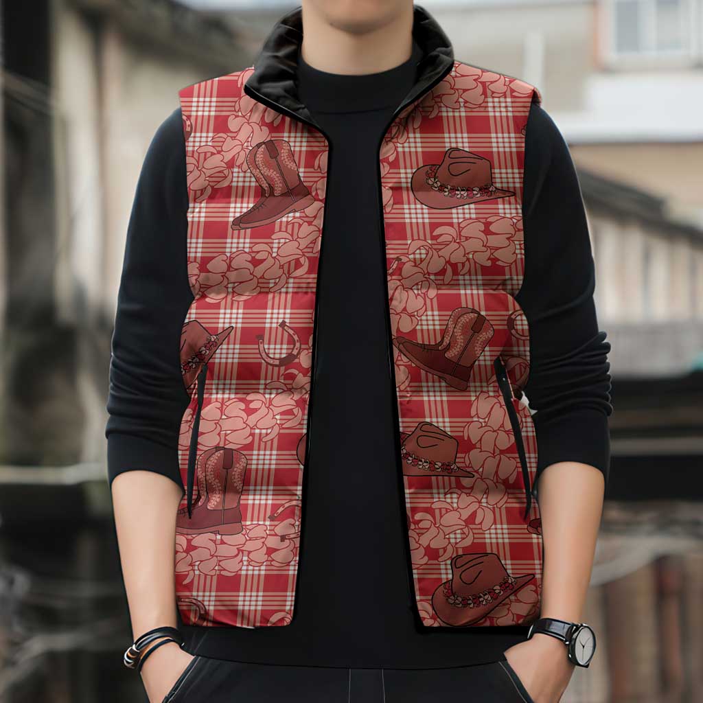 Red Palaka Hawaii Cowboy Sleeveless Puffer Jacket Puakenikeni Lei Paniolo Papale Seamless Vibes - Polynesian Pride