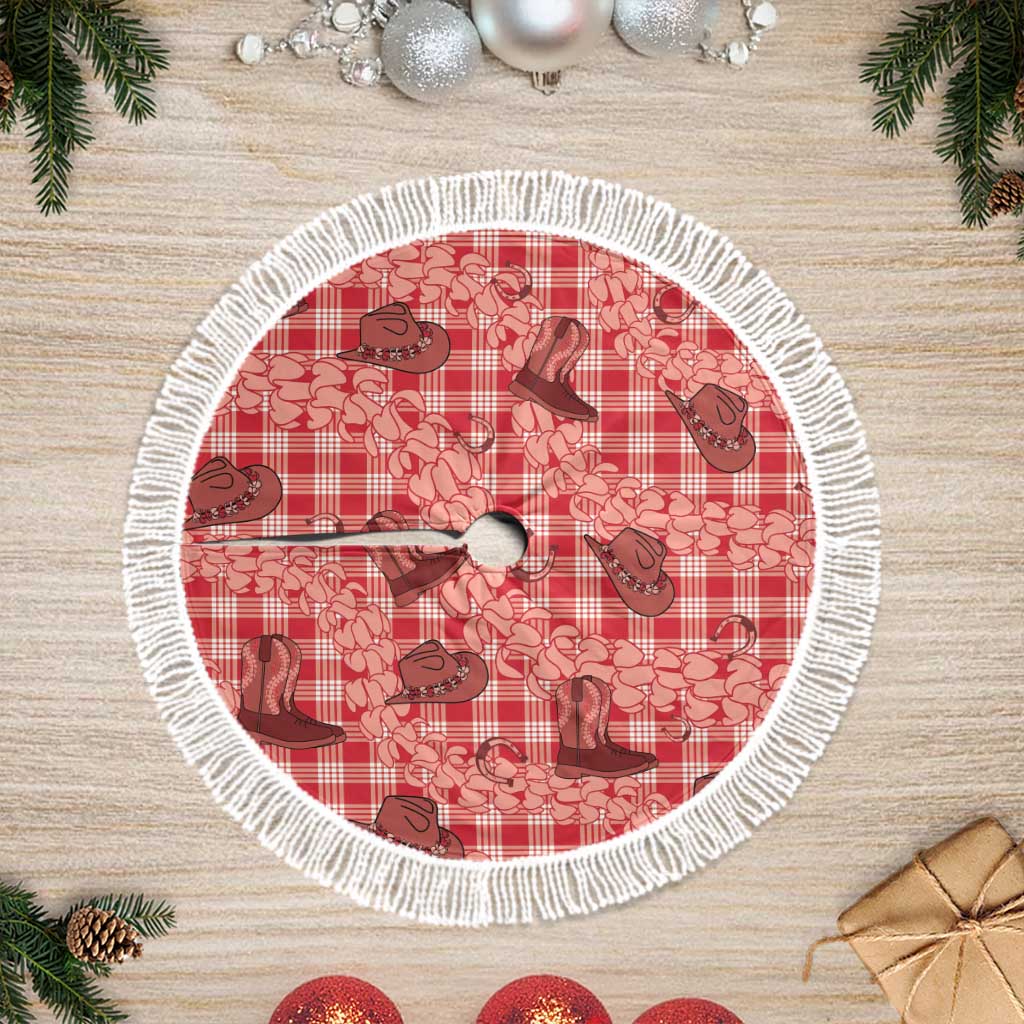 Red Palaka Hawaii Cowboy Tree Skirt Puakenikeni Lei Paniolo Papale Seamless Vibes - Polynesian Pride