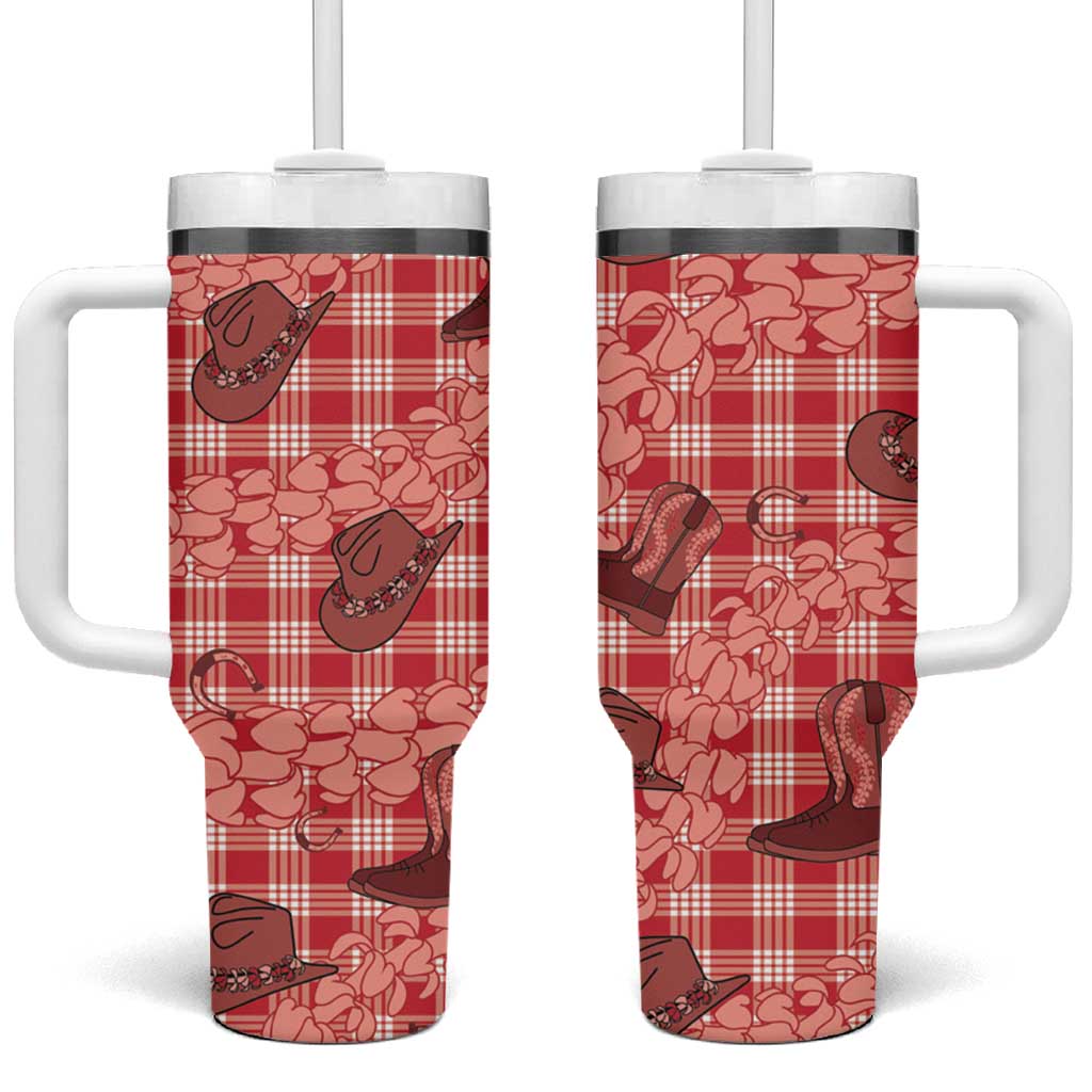 Red Palaka Hawaii Cowboy Tumbler With Handle Puakenikeni Lei Paniolo Papale Seamless Vibes - Polynesian Pride