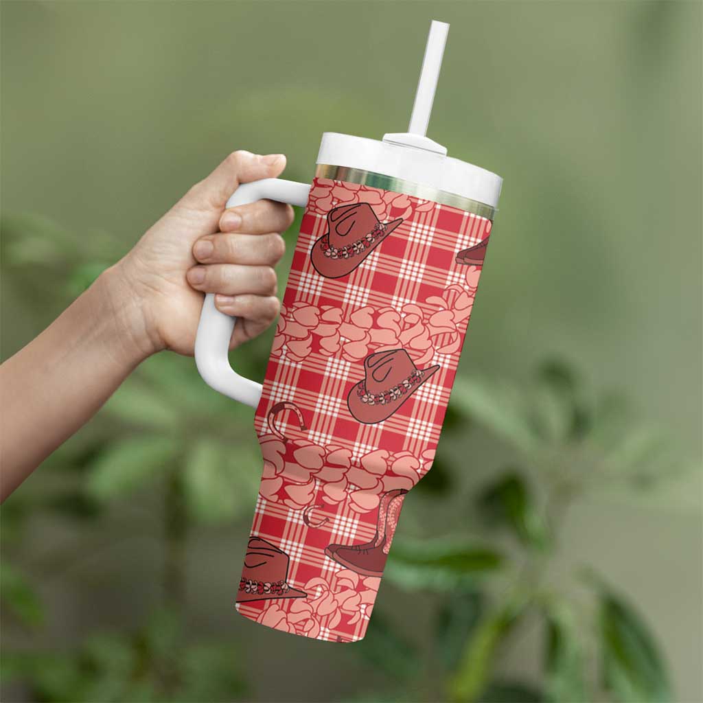 Red Palaka Hawaii Cowboy Tumbler With Handle Puakenikeni Lei Paniolo Papale Seamless Vibes - Polynesian Pride