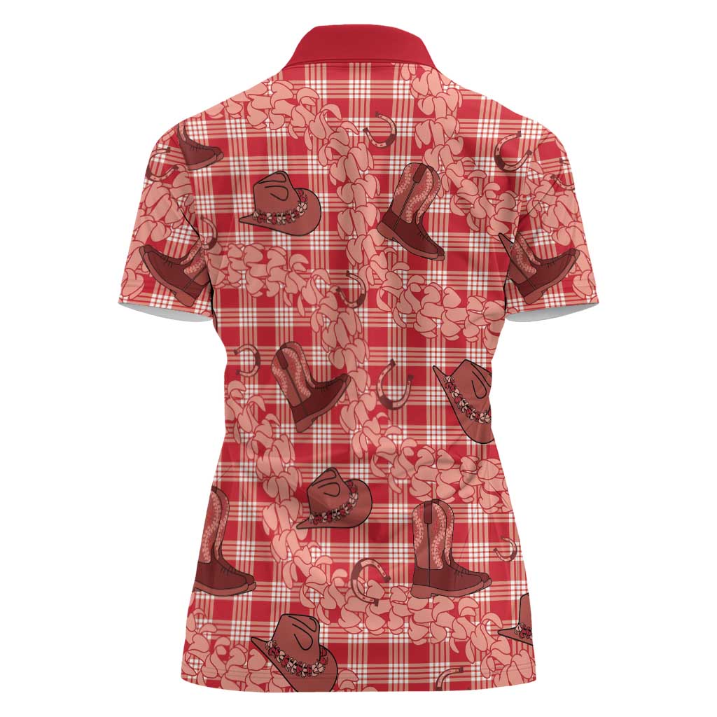 Red Palaka Hawaii Cowboy Women Polo Shirt Puakenikeni Lei Paniolo Papale Seamless Vibes - Polynesian Pride