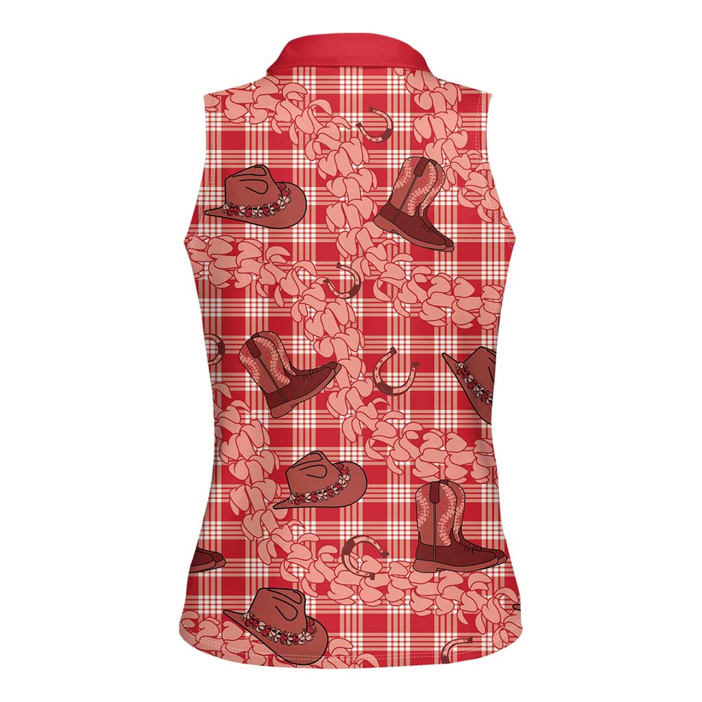 Red Palaka Hawaii Cowboy Women Sleeveless Polo Shirt Puakenikeni Lei Paniolo Papale Seamless Vibes - Polynesian Pride
