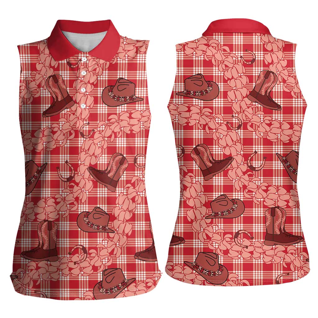 Red Palaka Hawaii Cowboy Women Sleeveless Polo Shirt Puakenikeni Lei Paniolo Papale Seamless Vibes - Polynesian Pride