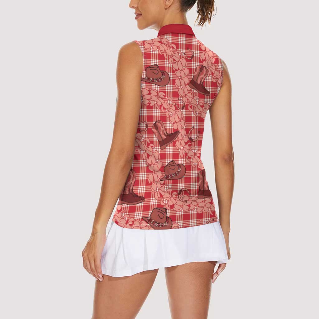Red Palaka Hawaii Cowboy Women Sleeveless Polo Shirt Puakenikeni Lei Paniolo Papale Seamless Vibes - Polynesian Pride
