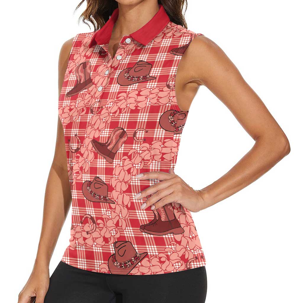 Red Palaka Hawaii Cowboy Women Sleeveless Polo Shirt Puakenikeni Lei Paniolo Papale Seamless Vibes - Polynesian Pride