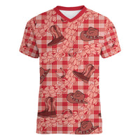 Red Palaka Hawaii Cowboy Women V-Neck T-Shirt Puakenikeni Lei Paniolo Papale Seamless Vibes LT14 Female Red - Polynesian Pride