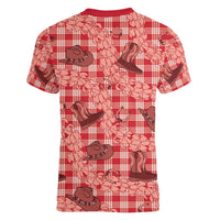 Red Palaka Hawaii Cowboy Women V-Neck T-Shirt Puakenikeni Lei Paniolo Papale Seamless Vibes LT14 - Polynesian Pride