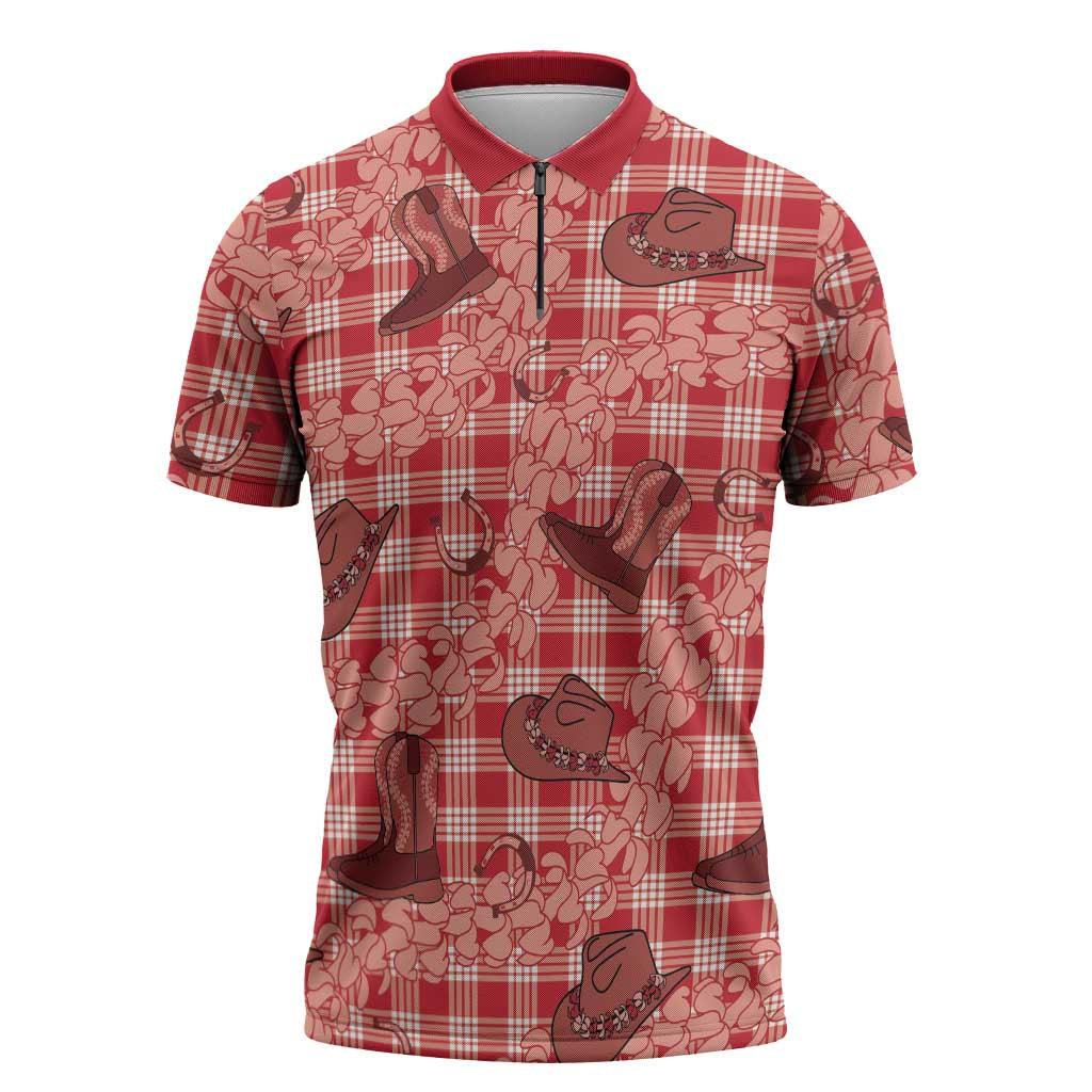 Red Palaka Hawaii Cowboy Zipper Polo Shirt Puakenikeni Lei Paniolo Papale Seamless Vibes - Polynesian Pride