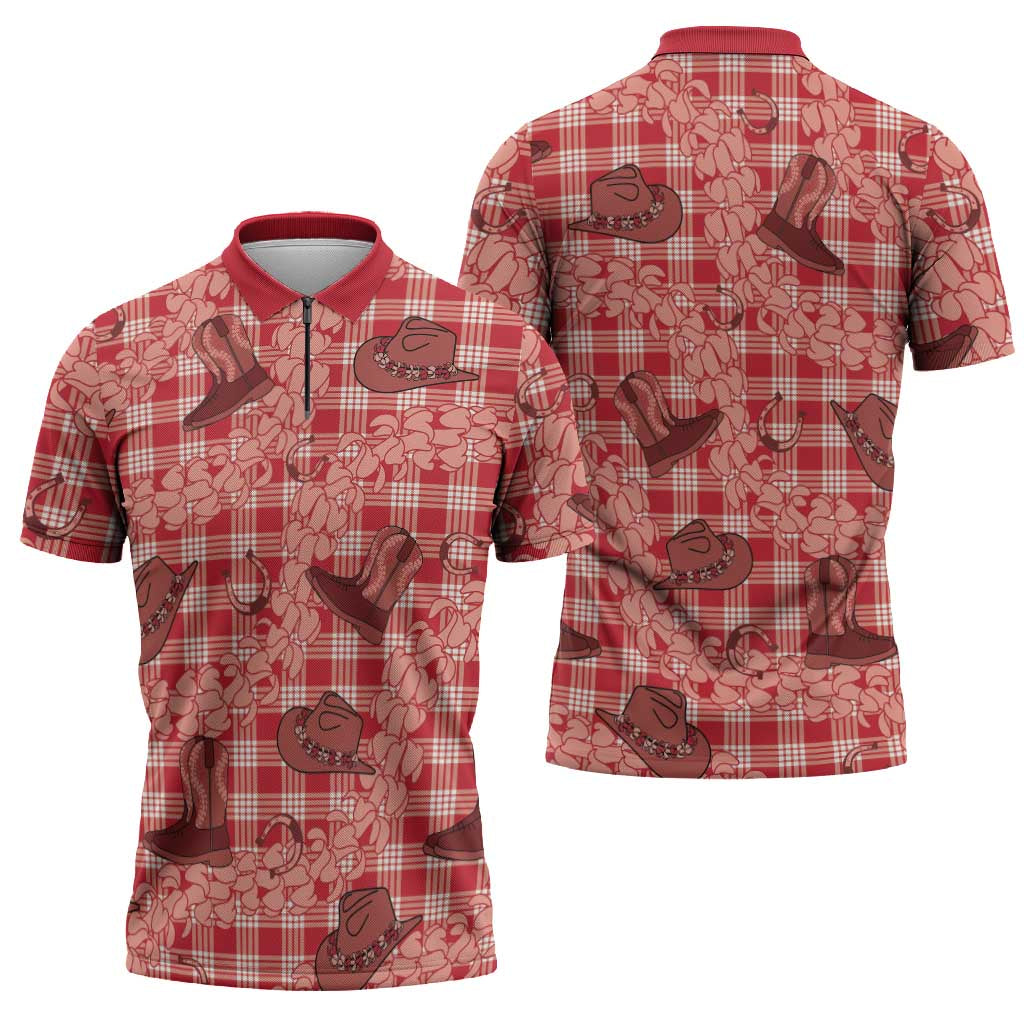 Red Palaka Hawaii Cowboy Zipper Polo Shirt Puakenikeni Lei Paniolo Papale Seamless Vibes - Polynesian Pride
