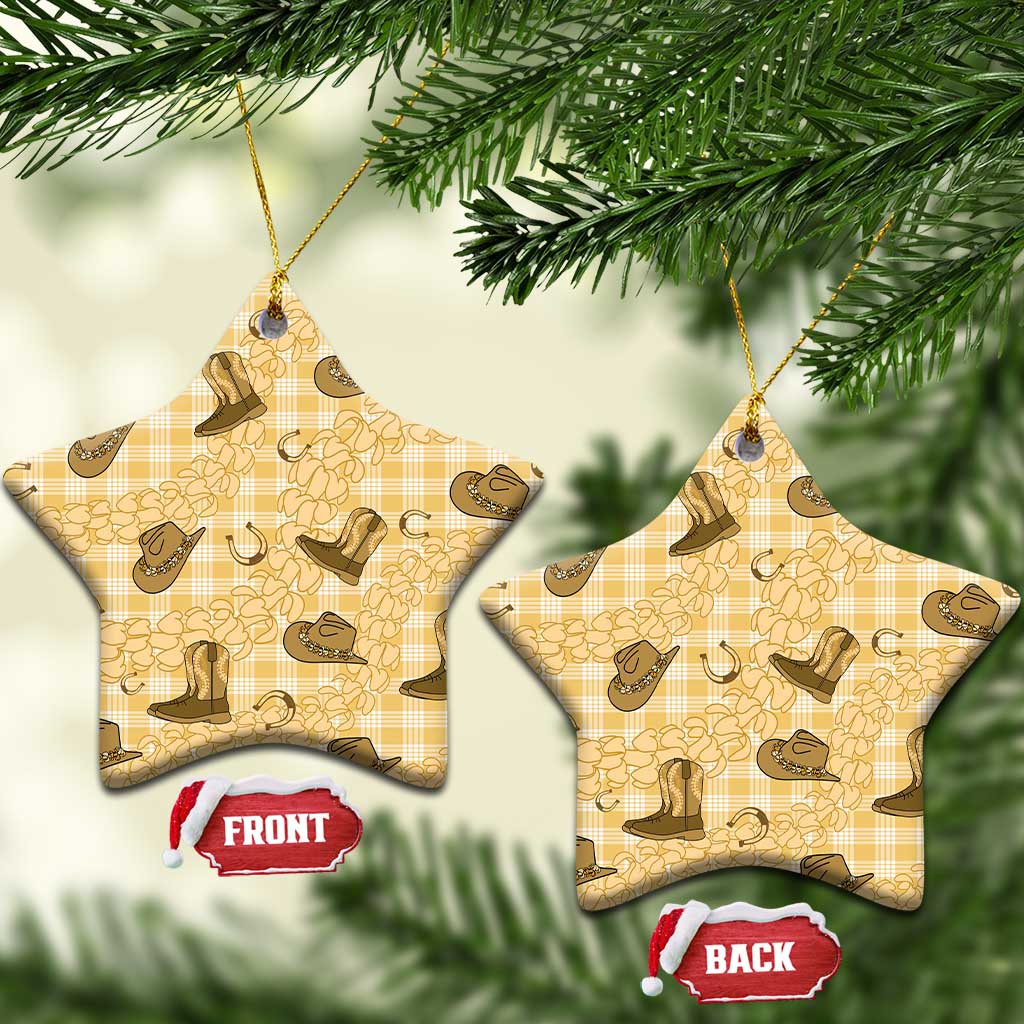 Yellow Palaka Hawaii Cowboy Ceramic Ornament Puakenikeni Lei Paniolo Papale Seamless Vibes - Polynesian Pride