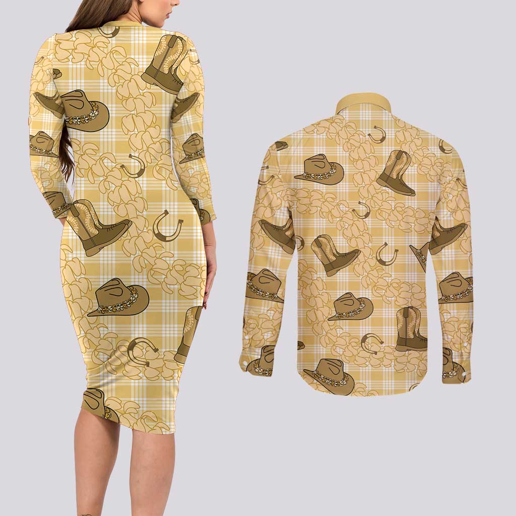 Yellow Palaka Hawaii Cowboy Couples Matching Long Sleeve Bodycon Dress and Long Sleeve Button Shirt Puakenikeni Lei Paniolo Papale Seamless Vibes LT14 - Polynesian Pride