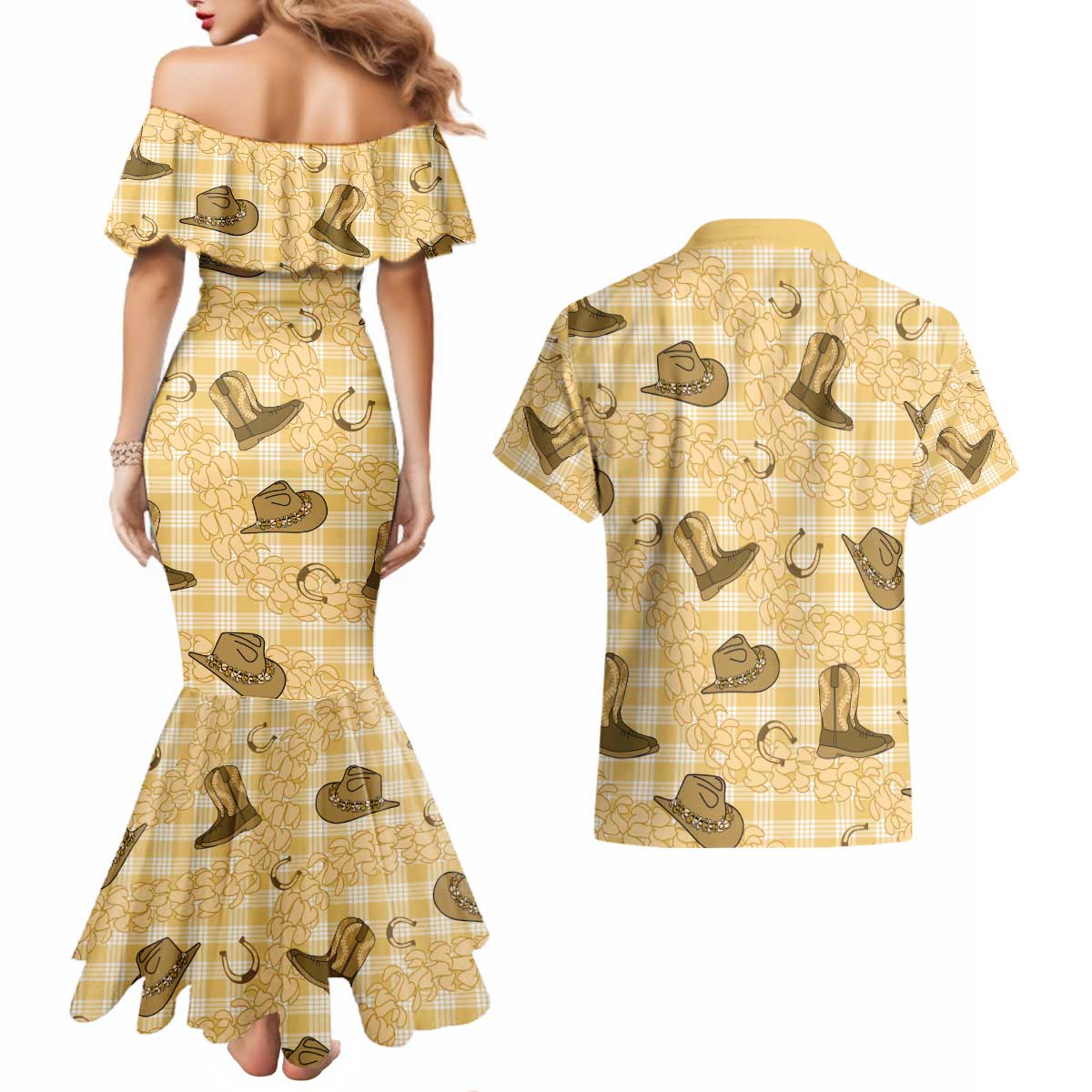 Yellow Palaka Hawaii Cowboy Couples Matching Mermaid Dress and Hawaiian Shirt Puakenikeni Lei Paniolo Papale Seamless Vibes LT14 - Polynesian Pride