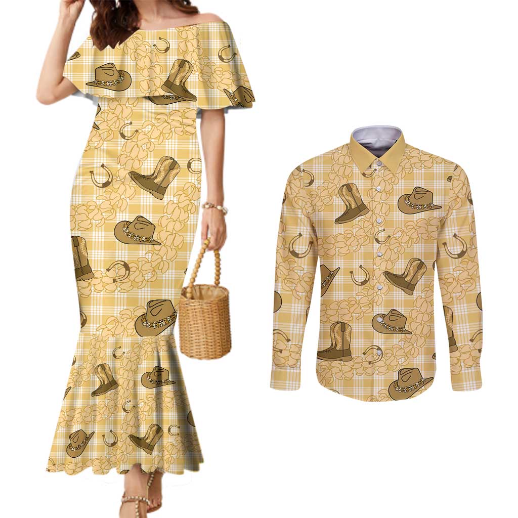 Yellow Palaka Hawaii Cowboy Couples Matching Mermaid Dress and Long Sleeve Button Shirt Puakenikeni Lei Paniolo Papale Seamless Vibes - Polynesian Pride