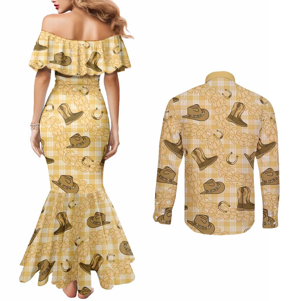 Yellow Palaka Hawaii Cowboy Couples Matching Mermaid Dress and Long Sleeve Button Shirt Puakenikeni Lei Paniolo Papale Seamless Vibes LT14 - Polynesian Pride