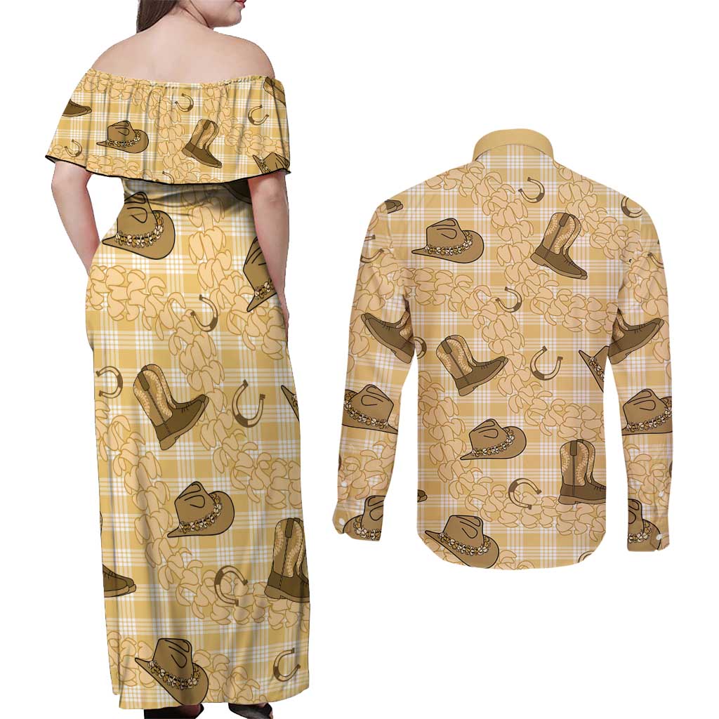 Yellow Palaka Hawaii Cowboy Couples Matching Off Shoulder Maxi Dress and Long Sleeve Button Shirt Puakenikeni Lei Paniolo Papale Seamless Vibes LT14 - Polynesian Pride