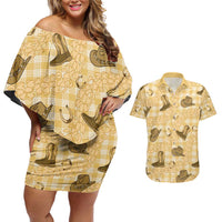 Yellow Palaka Hawaii Cowboy Couples Matching Off Shoulder Short Dress and Hawaiian Shirt Puakenikeni Lei Paniolo Papale Seamless Vibes LT14 Yellow - Polynesian Pride