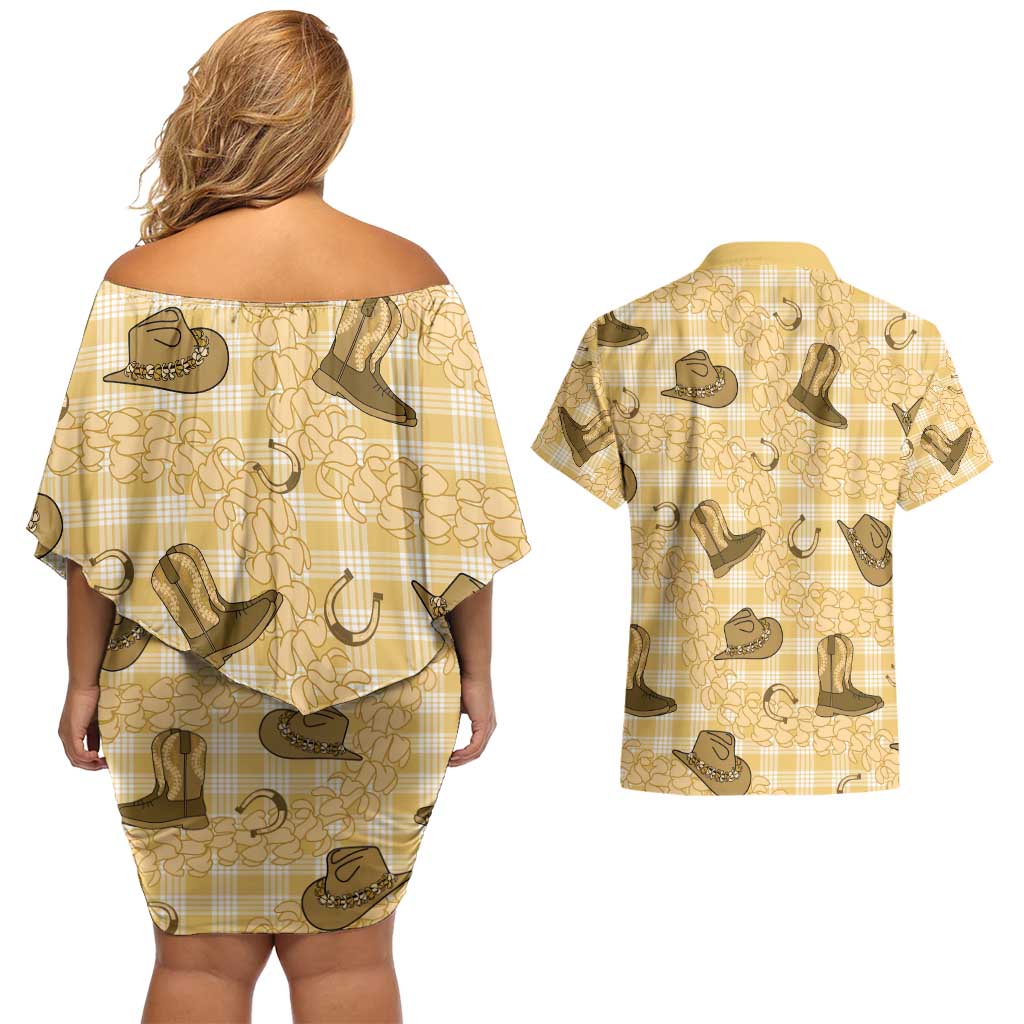Yellow Palaka Hawaii Cowboy Couples Matching Off Shoulder Short Dress and Hawaiian Shirt Puakenikeni Lei Paniolo Papale Seamless Vibes LT14 - Polynesian Pride