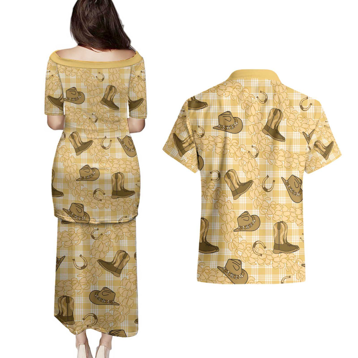 Yellow Palaka Hawaii Cowboy Couples Matching Puletasi and Hawaiian Shirt Puakenikeni Lei Paniolo Papale Seamless Vibes LT14 - Polynesian Pride