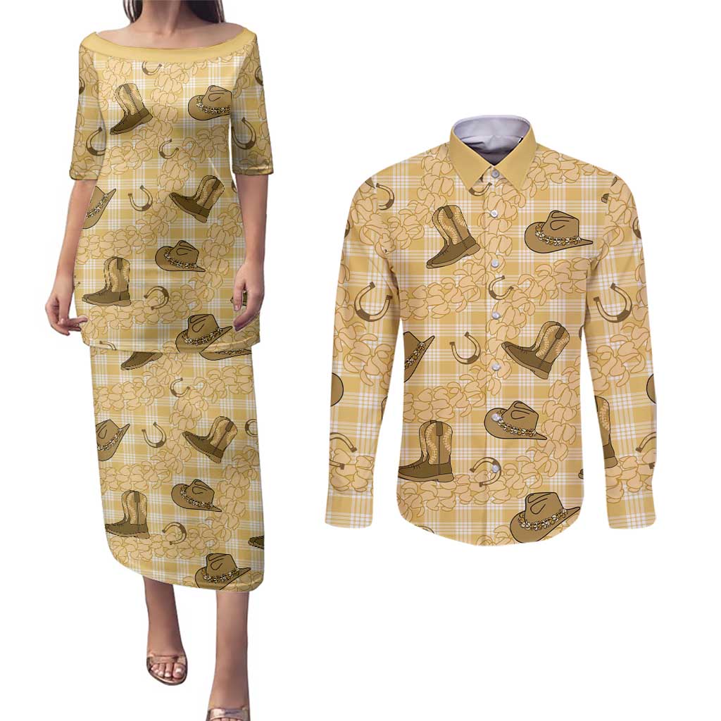 Yellow Palaka Hawaii Cowboy Couples Matching Puletasi and Long Sleeve Button Shirt Puakenikeni Lei Paniolo Papale Seamless Vibes - Polynesian Pride
