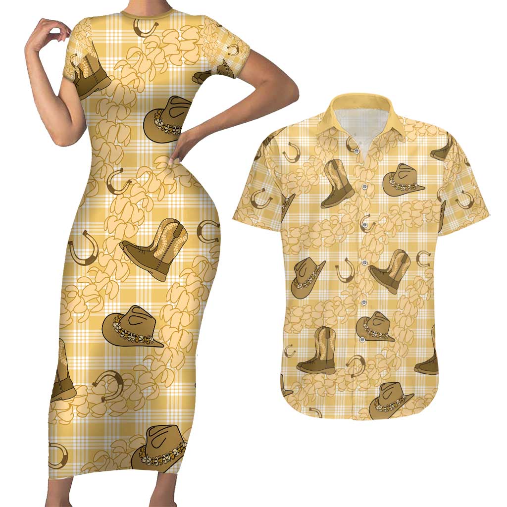 Yellow Palaka Hawaii Cowboy Couples Matching Short Sleeve Bodycon Dress and Hawaiian Shirt Puakenikeni Lei Paniolo Papale Seamless Vibes LT14 Yellow - Polynesian Pride