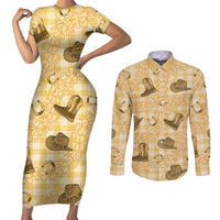 Yellow Palaka Hawaii Cowboy Couples Matching Short Sleeve Bodycon Dress and Long Sleeve Button Shirt Puakenikeni Lei Paniolo Papale Seamless Vibes LT14 Yellow - Polynesian Pride