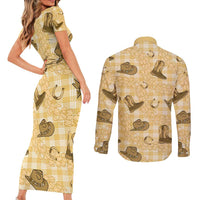 Yellow Palaka Hawaii Cowboy Couples Matching Short Sleeve Bodycon Dress and Long Sleeve Button Shirt Puakenikeni Lei Paniolo Papale Seamless Vibes LT14 - Polynesian Pride