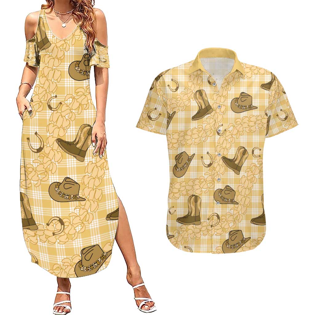 Yellow Palaka Hawaii Cowboy Couples Matching Summer Maxi Dress and Hawaiian Shirt Puakenikeni Lei Paniolo Papale Seamless Vibes LT14 Yellow - Polynesian Pride