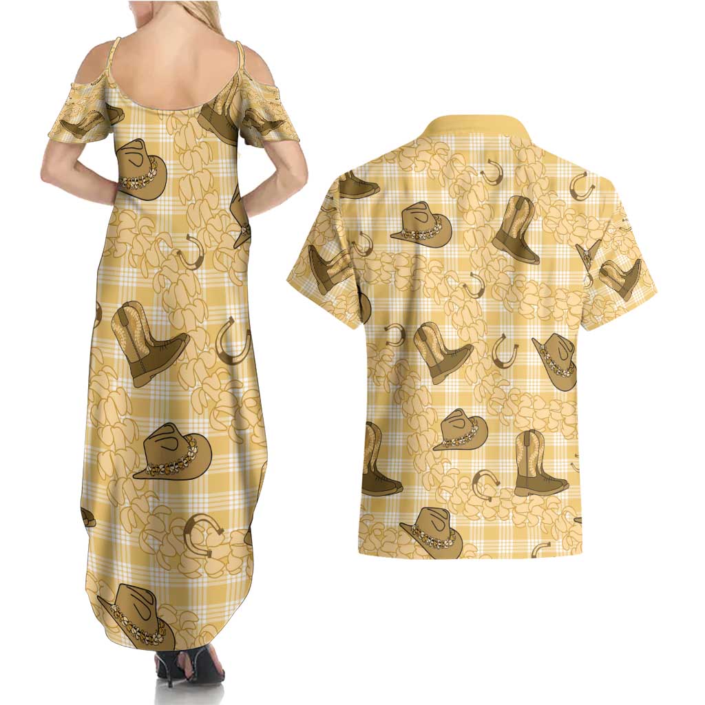 Yellow Palaka Hawaii Cowboy Couples Matching Summer Maxi Dress and Hawaiian Shirt Puakenikeni Lei Paniolo Papale Seamless Vibes LT14 - Polynesian Pride