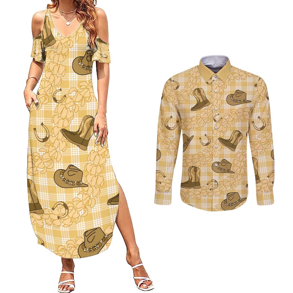 Yellow Palaka Hawaii Cowboy Couples Matching Summer Maxi Dress and Long Sleeve Button Shirt Puakenikeni Lei Paniolo Papale Seamless Vibes - Polynesian Pride
